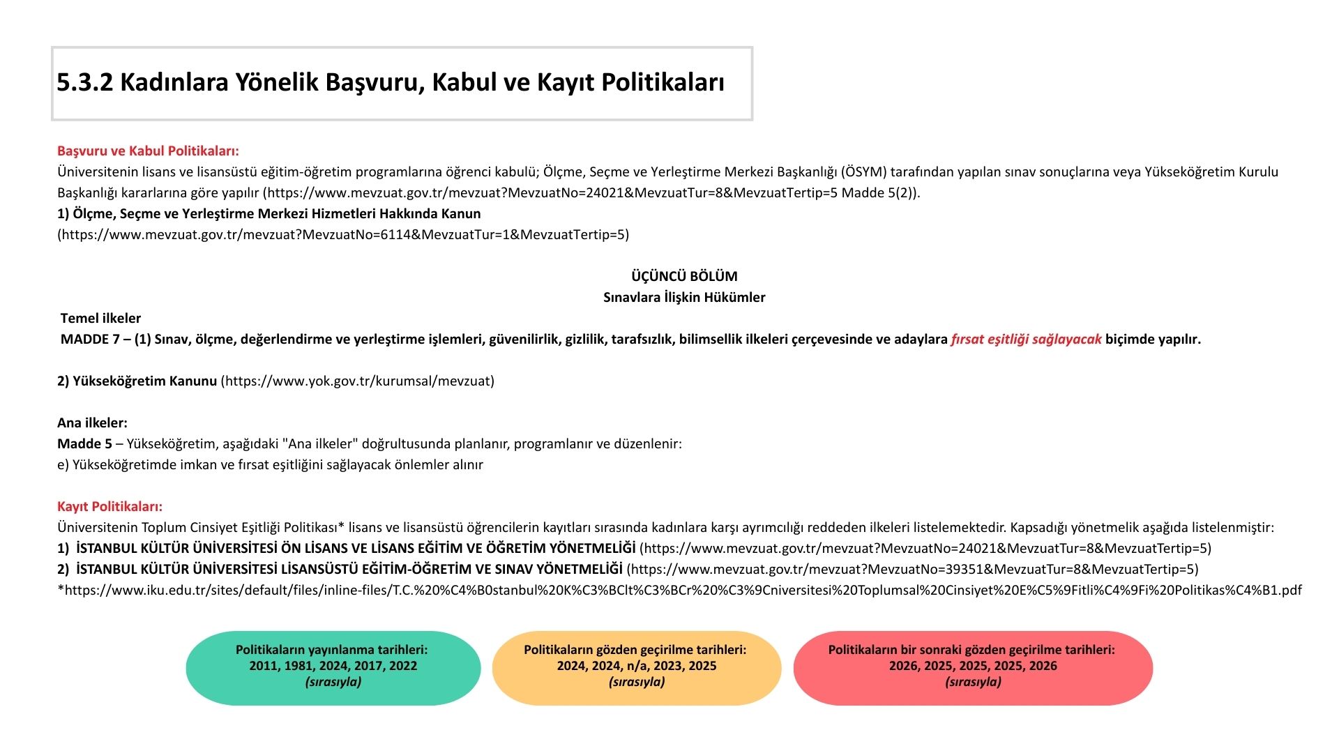 5.3.2 Kadınlara Yönelik Başvuru, Kabul ve Kayıt Politikaları