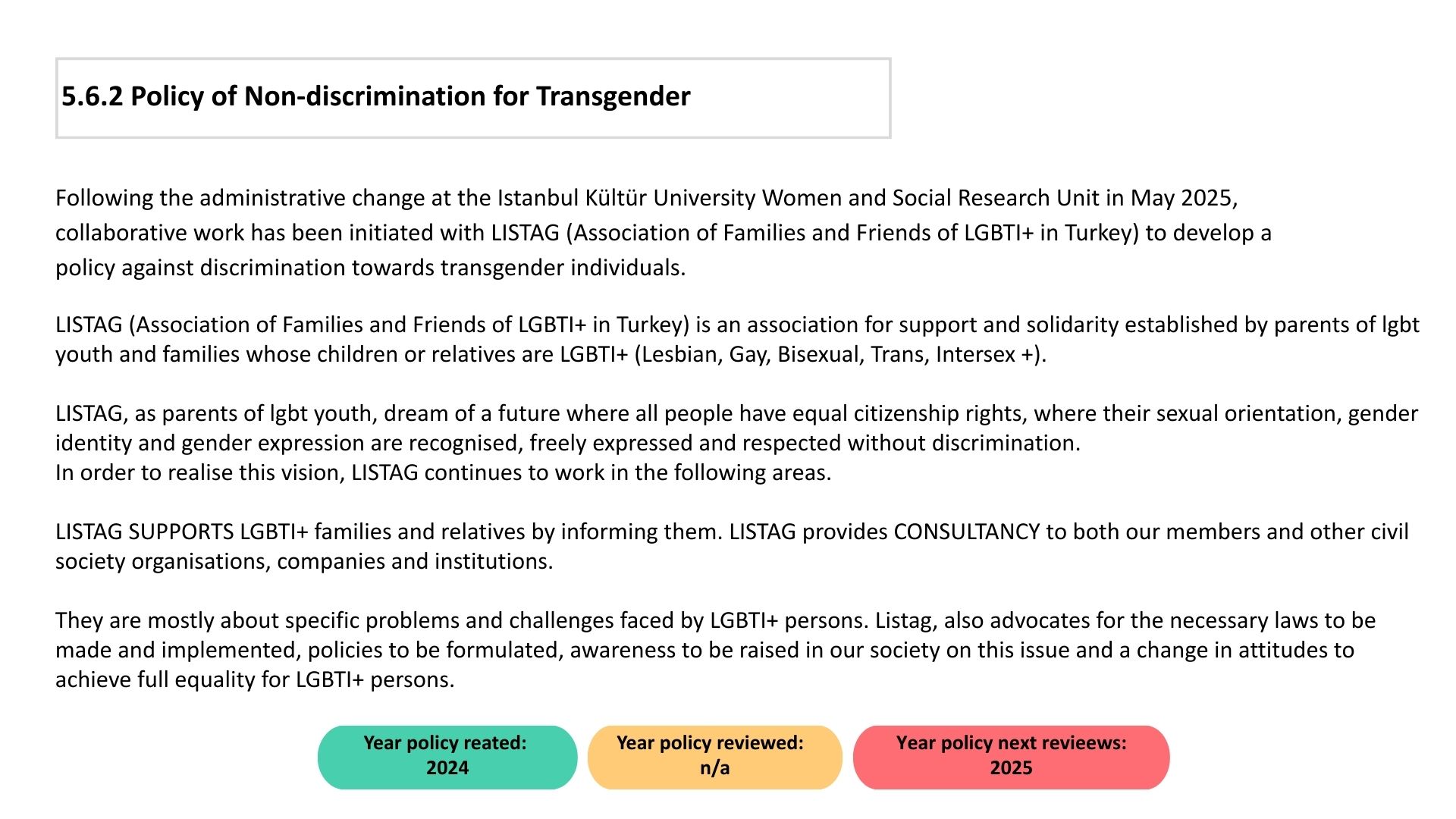5.6.2 Policy of Non-discrimination for Transgender